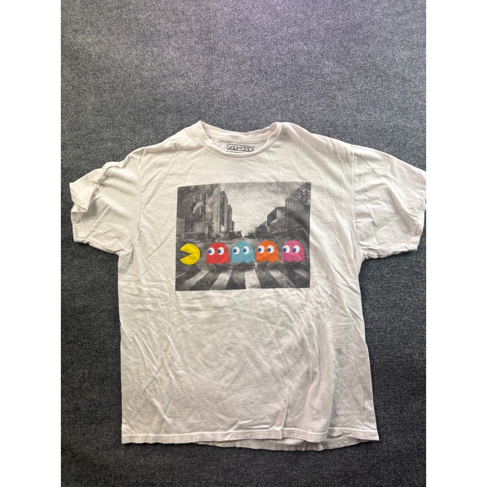 Pac-Man Graphic T-Shirt Mens XL White Abbey Road Style Parody Short Sleeve